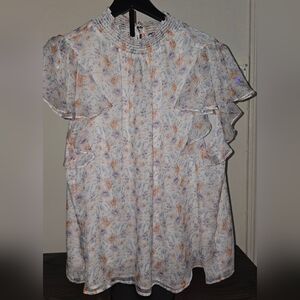 1. State Floral Ruffle Sleeve Blouse - White and Orange